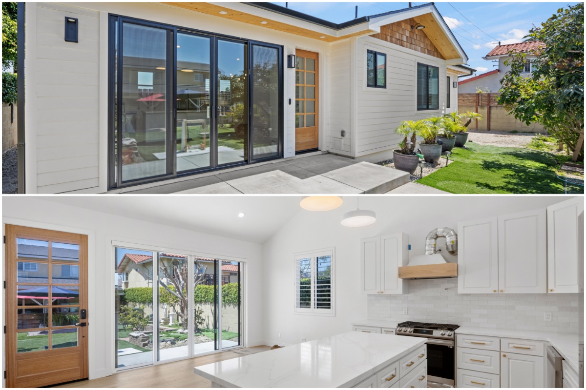 An inviting and modern detached mother-in-law suite, possibly a garage conversion, featuring a bright open-plan kitchen with white cabinetry and a large island, large sliding glass doors, and a separate entrance, all set within a well-maintained property at 16692 Mount Erin Circle.