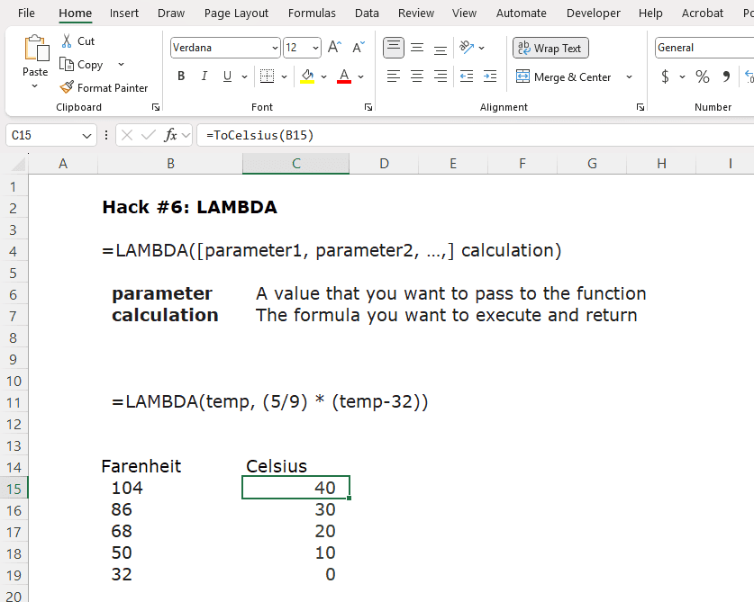 Using a LAMBDA function to convert temperatures